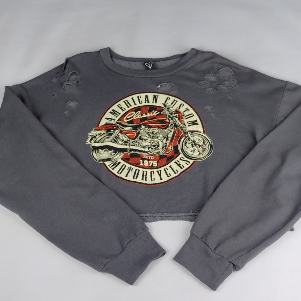 Windsor Distressed Grey Motorcycle Graphic Cropped Sweatshirt - Picture 6 of 14